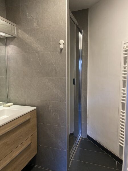 Moderne badkamer met inloopdouche en wastafel in Chalet Carpe Diem.