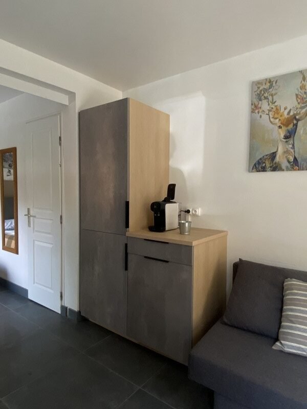 Gezellig interieur met kitchenette en zithoek in Chalet Carpe Diem.