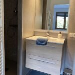 Moderne badkamer met wastafel en douche in Chalet Carpe Diem.