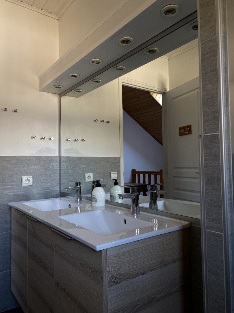 Moderne badkamer met dubbele wastafel en spiegel in Chalet Carpe Diem.